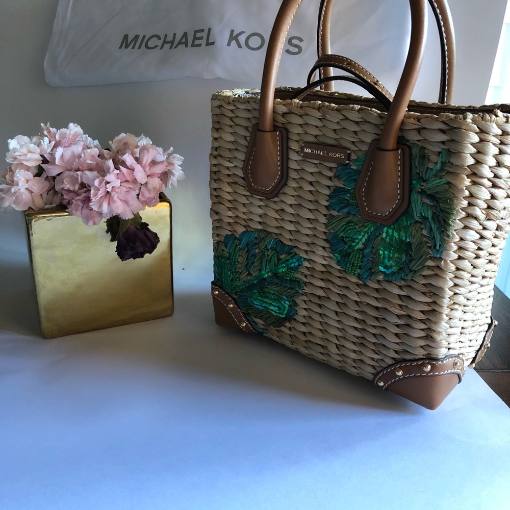 Michael Kors Malibu Palm Woven Straw Brown Purse